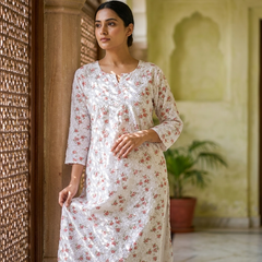 Cotton White Red Floral Design Kurta