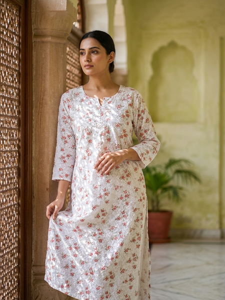 Cotton White Red Floral Design Kurta