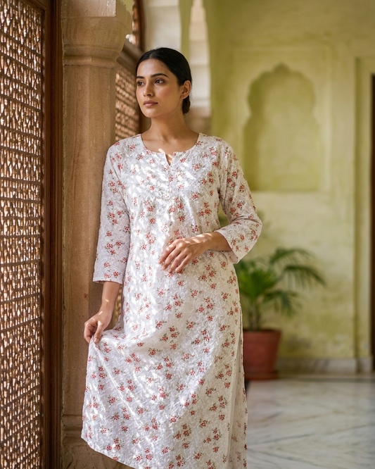 Cotton White Red Floral Design Kurta