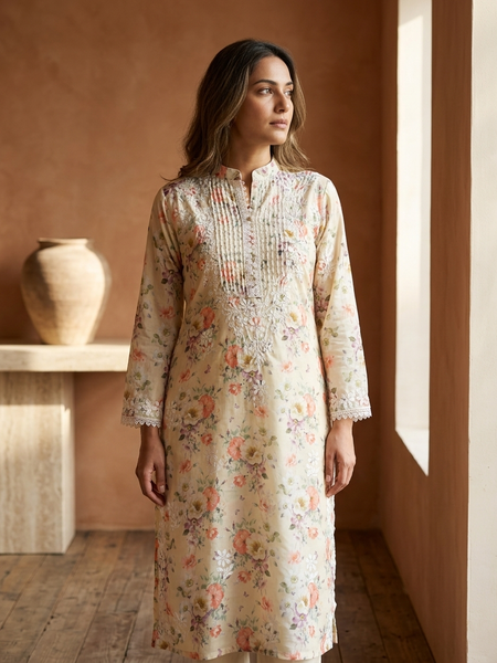 Readymade Divine Flora Crepe Yellow Kurta