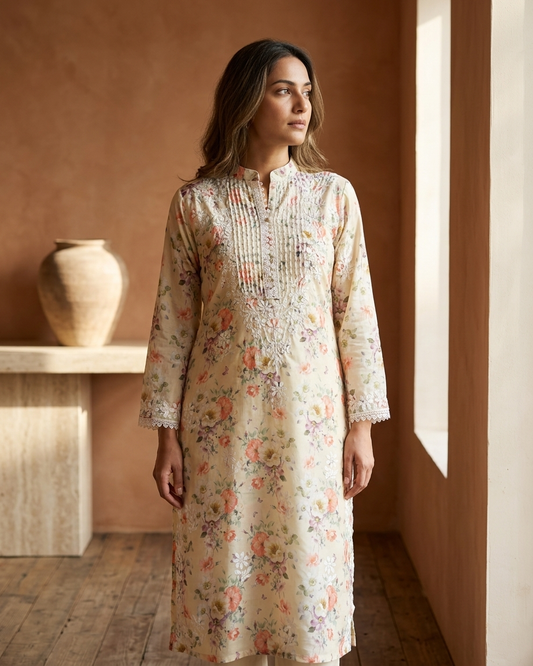 Readymade Divine Flora Crepe Yellow Kurta