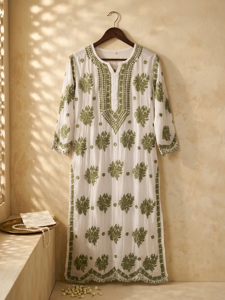 Muslin White Kurta With Green Chikankari