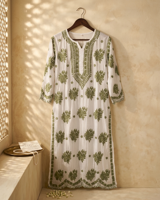 Muslin White Kurta With Green Chikankari