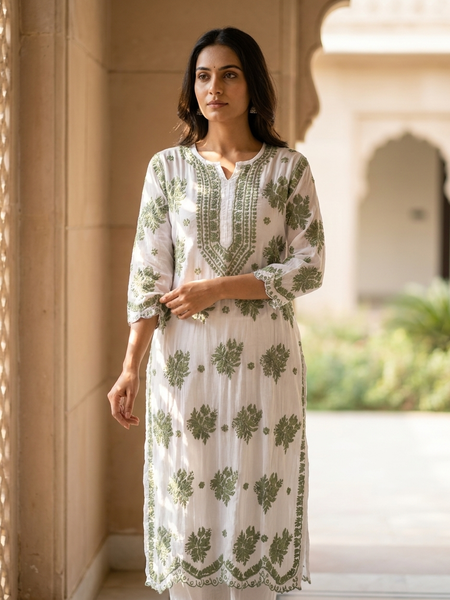 Muslin White Kurta With Green Chikankari