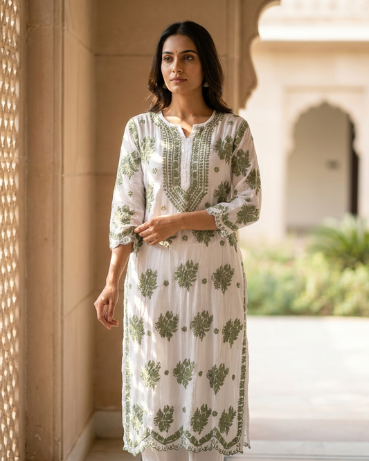 Muslin White Kurta With Green Chikankari