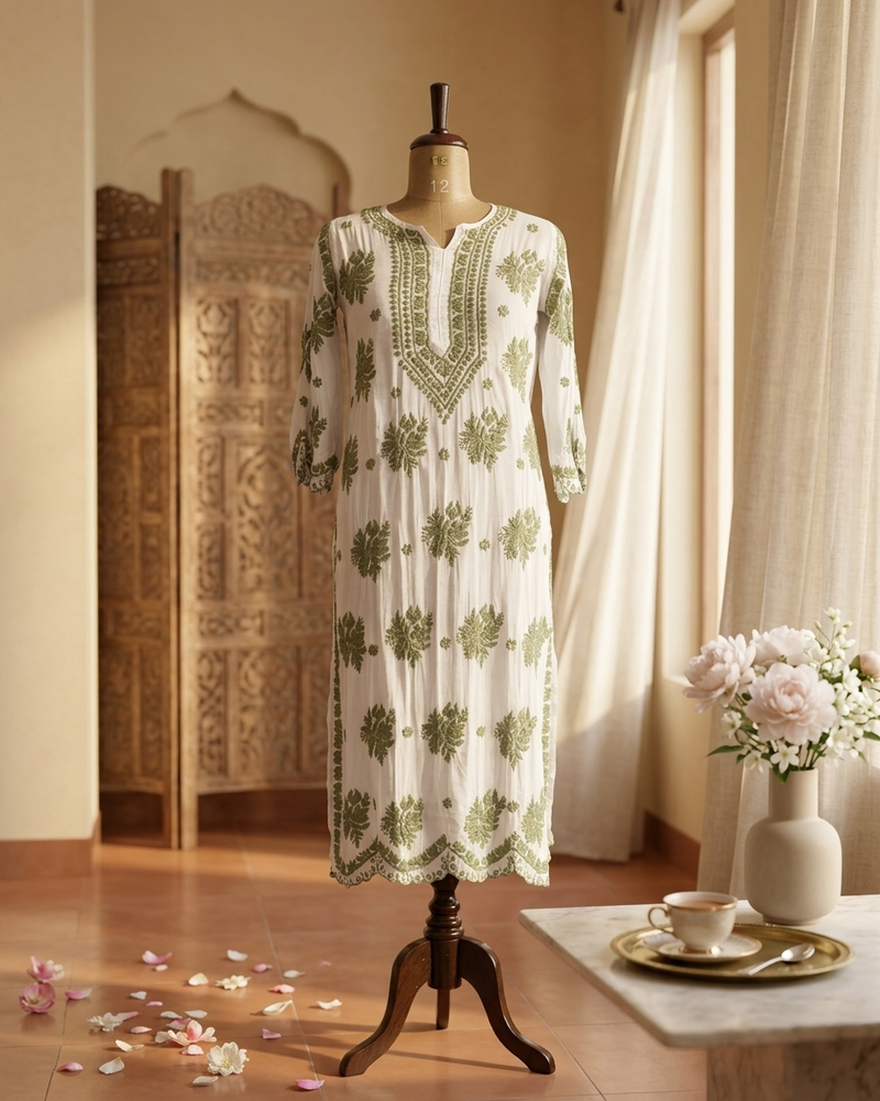 Muslin White Kurta With Green Chikankari
