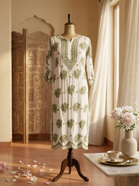 Muslin White Kurta With Green Chikankari