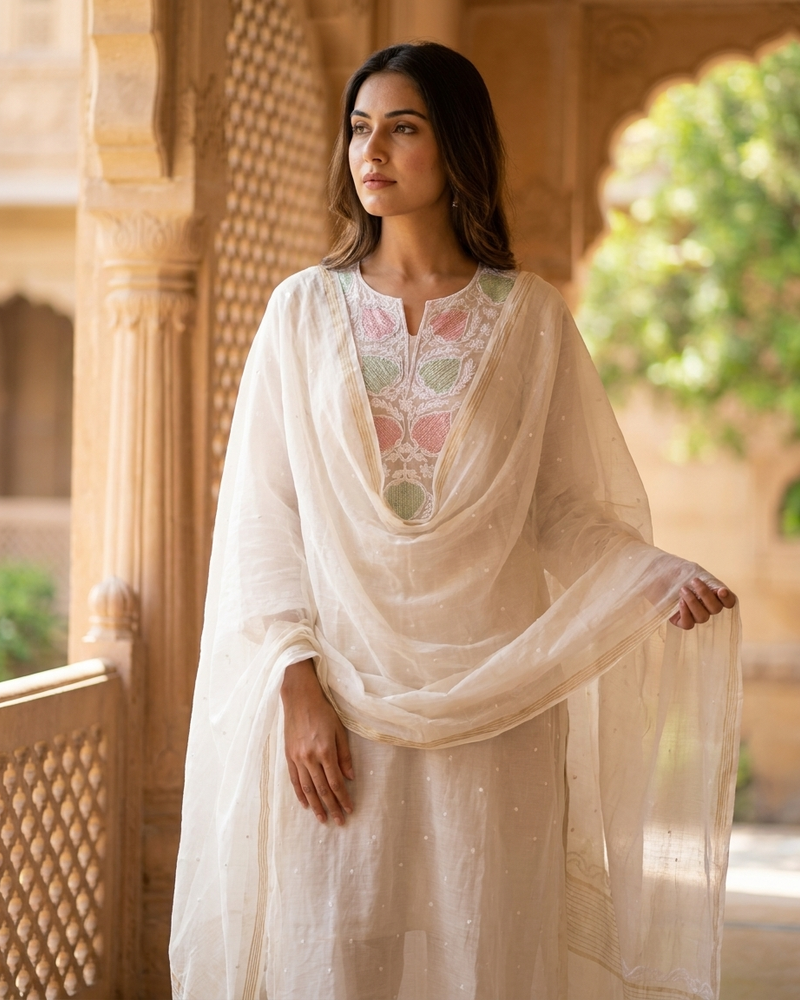 White Semistitched Mulchanderi Kurta Dupatta Set - Multicolored Embroidered Kurta
