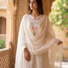White Semistitched Mulchanderi Kurta Dupatta Set - Multicolored Embroidered Kurta