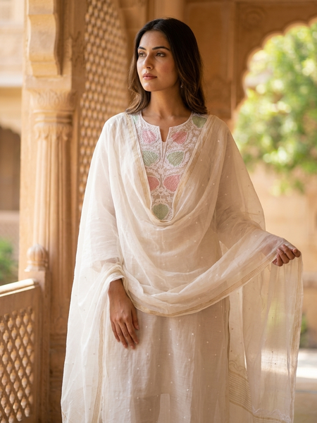 White Semistitched Mulchanderi Kurta Dupatta Set - Multicolored Embroidered Kurta
