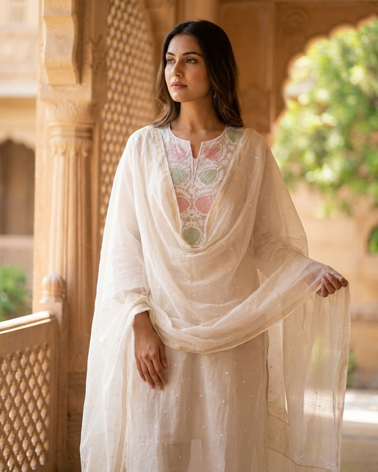 White Semistitched Mulchanderi Kurta Dupatta Set - Multicolored Embroidered Kurta