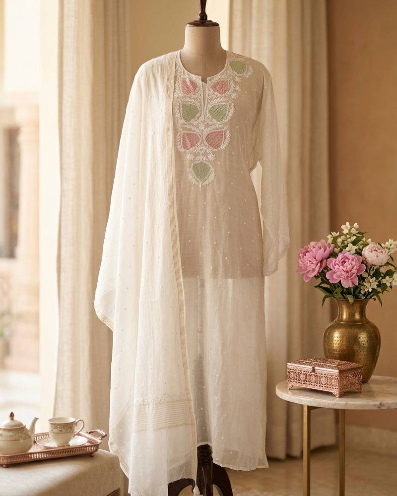 White Semistitched Mulchanderi Kurta Dupatta Set - Multicolored Embroidered Kurta