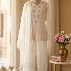 White Semistitched Mulchanderi Kurta Dupatta Set - Multicolored Embroidered Kurta
