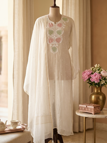 White Semistitched Mulchanderi Kurta Dupatta Set - Multicolored Embroidered Kurta