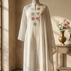 White Semistitched Mulchanderi Kurta Dupatta Set - Multicolored Embroidered Kurta