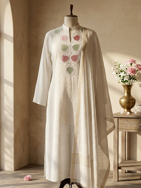 White Semistitched Mulchanderi Kurta Dupatta Set - Multicolored Embroidered Kurta