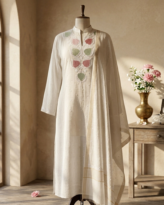 White Semistitched Mulchanderi Kurta Dupatta Set - Multicolored Embroidered Kurta