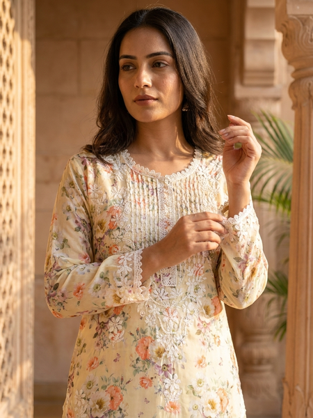 Readymade Divine Flora Crepe Yellow Kurta