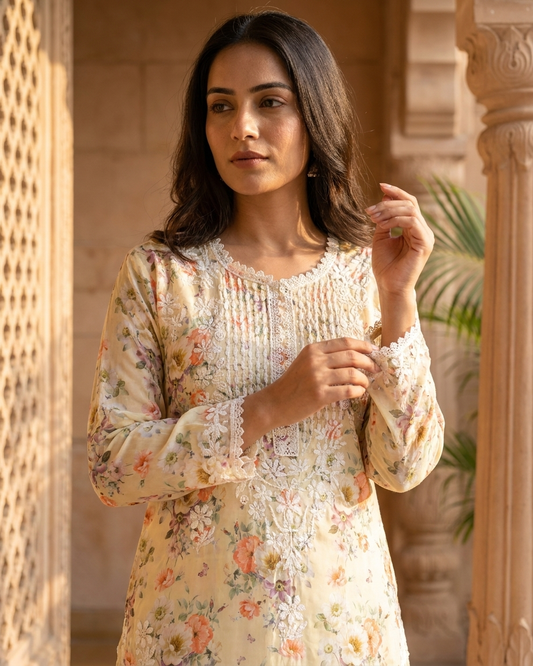 Readymade Divine Flora Crepe Yellow Kurta