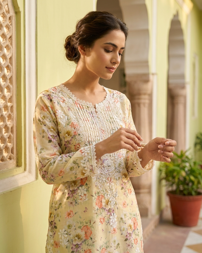 Readymade Divine Flora Crepe Yellow Kurta