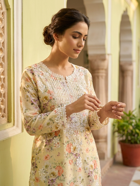 Readymade Divine Flora Crepe Yellow Kurta