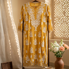 Yellow Muslin Chikankari Cutwork Kurta