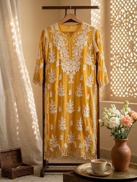 Yellow Muslin Chikankari Cutwork Kurta