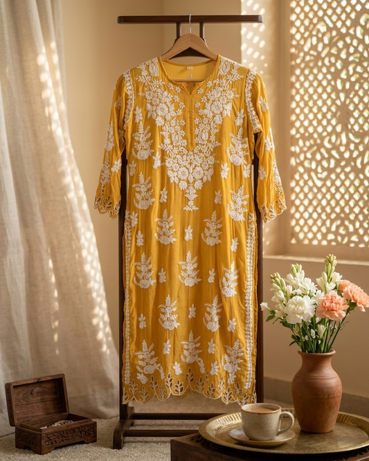 Yellow Muslin Chikankari Cutwork Kurta