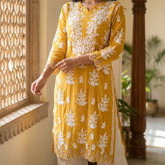 Yellow Muslin Chikankari Cutwork Kurta