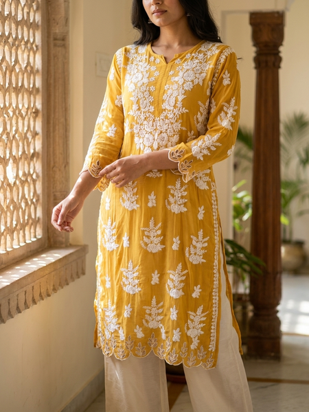 Yellow Muslin Chikankari Cutwork Kurta