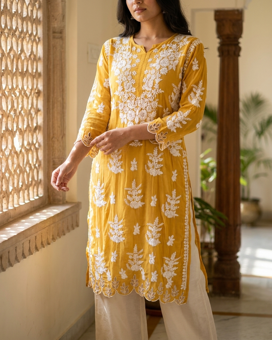 Yellow Muslin Chikankari Cutwork Kurta