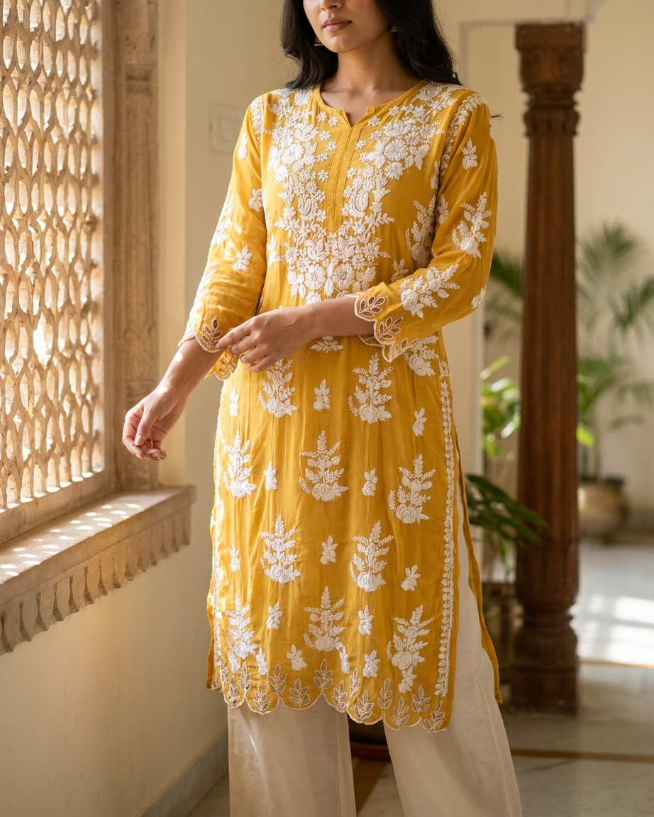 Yellow Muslin Chikankari Cutwork Kurta