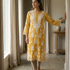 Yellow Muslin Chikankari Cutwork Kurta