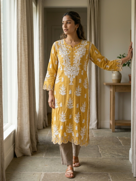 Yellow Muslin Chikankari Cutwork Kurta