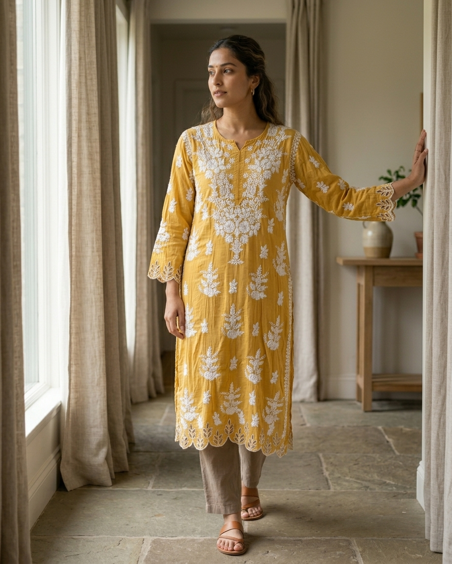 Yellow Muslin Chikankari Cutwork Kurta