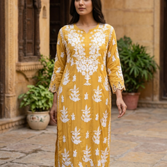 Yellow Muslin Chikankari Cutwork Kurta