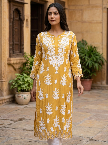 Yellow Muslin Chikankari Cutwork Kurta