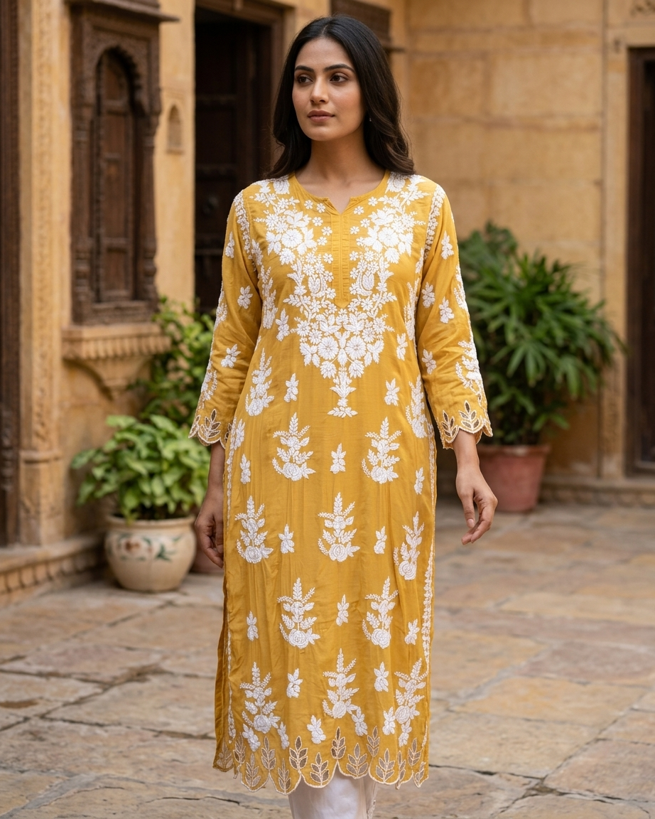 Yellow Muslin Chikankari Cutwork Kurta