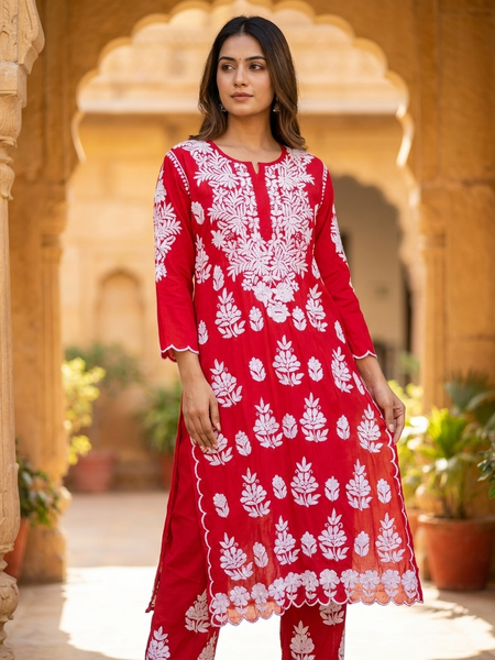 Modal Chikankari Red Co-ord Set
