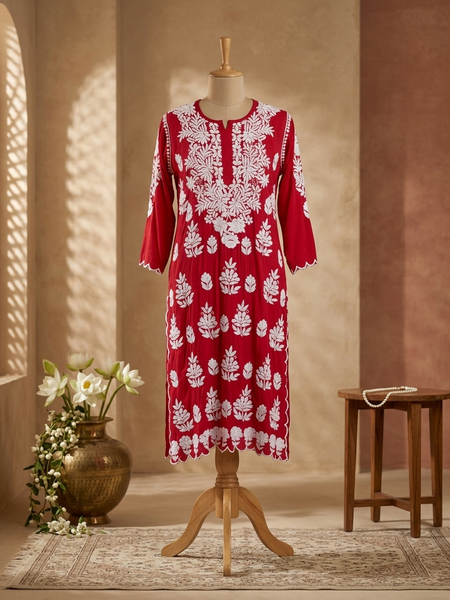 Modal Chikankari Red Co-ord Set