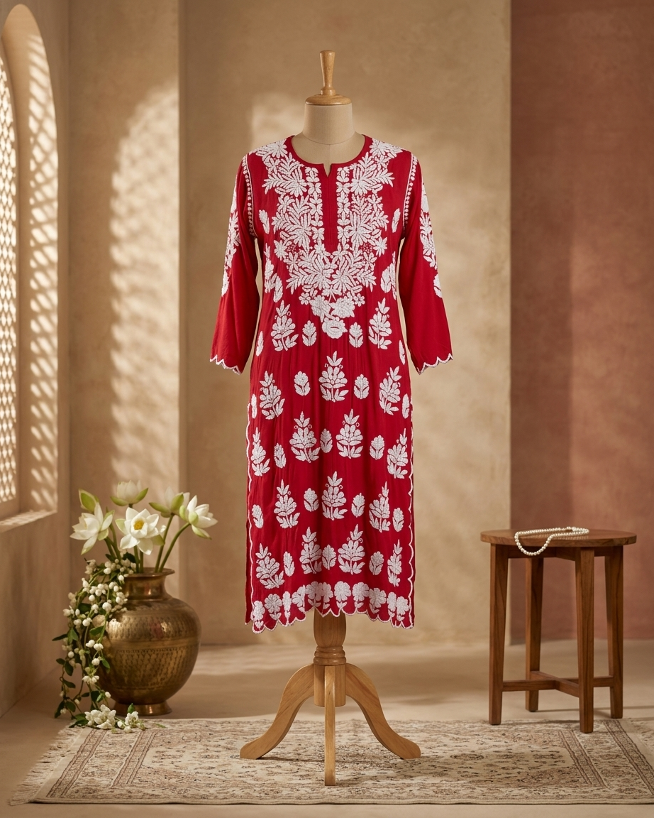 Modal Chikankari Red Co-ord Set
