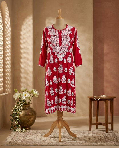 Modal Chikankari Red Co-ord Set
