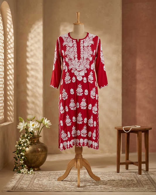Modal Chikankari Red Co-ord Set