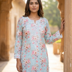 Readymade Divine Flora Crepe Blue Kurta