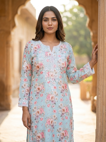 Readymade Divine Flora Crepe Blue Kurta