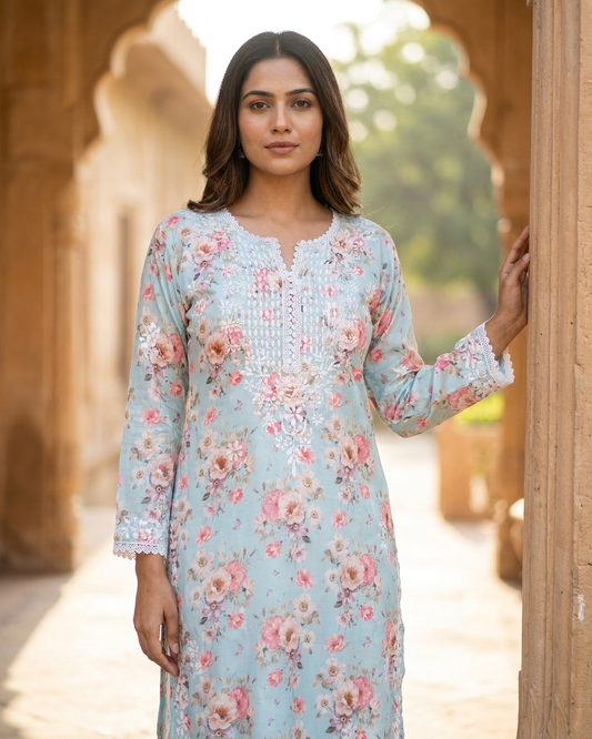 Readymade Divine Flora Crepe Blue Kurta