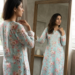 Readymade Divine Flora Crepe Blue Kurta