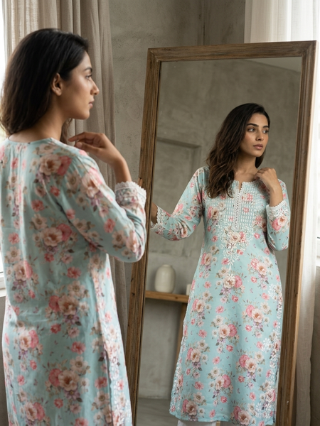 Readymade Divine Flora Crepe Blue Kurta