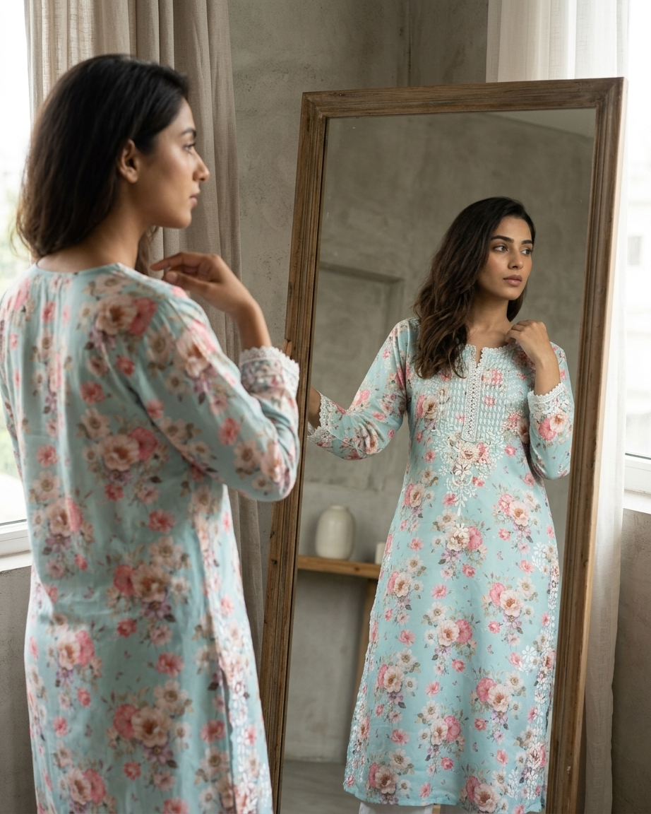 Readymade Divine Flora Crepe Blue Kurta