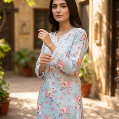 Readymade Divine Flora Crepe Blue Kurta